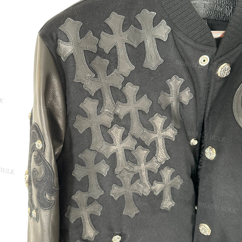 Chrome Hearts LETTERMAN Leather Jacket with Cemetery Cross & BS Fluer